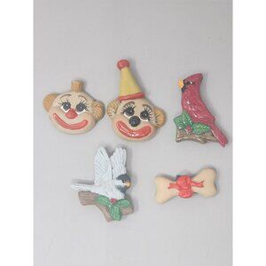 Set Of 5‎ Painted Ceramic Magnets: Clown Faces Birds & Bowknot